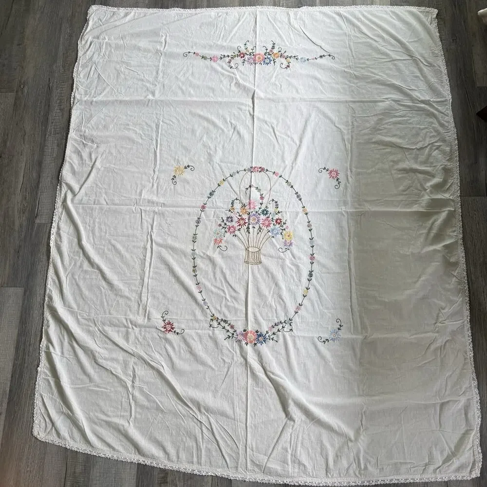 Vtg 70s Tablecloth Floral Hand Embroidered Crochet Lace 84x70” Cottagecore Large